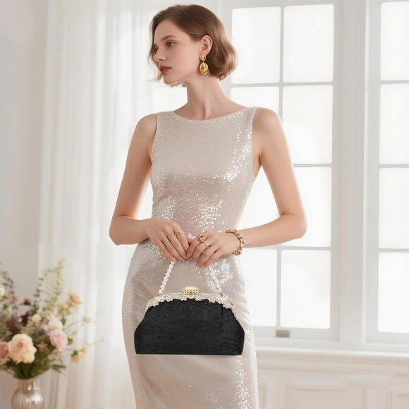 ⚡ Women's Fabric Lace Pearl Chain Rhinestones Black Shoulder Clutch Bag - Picture 2 of 9